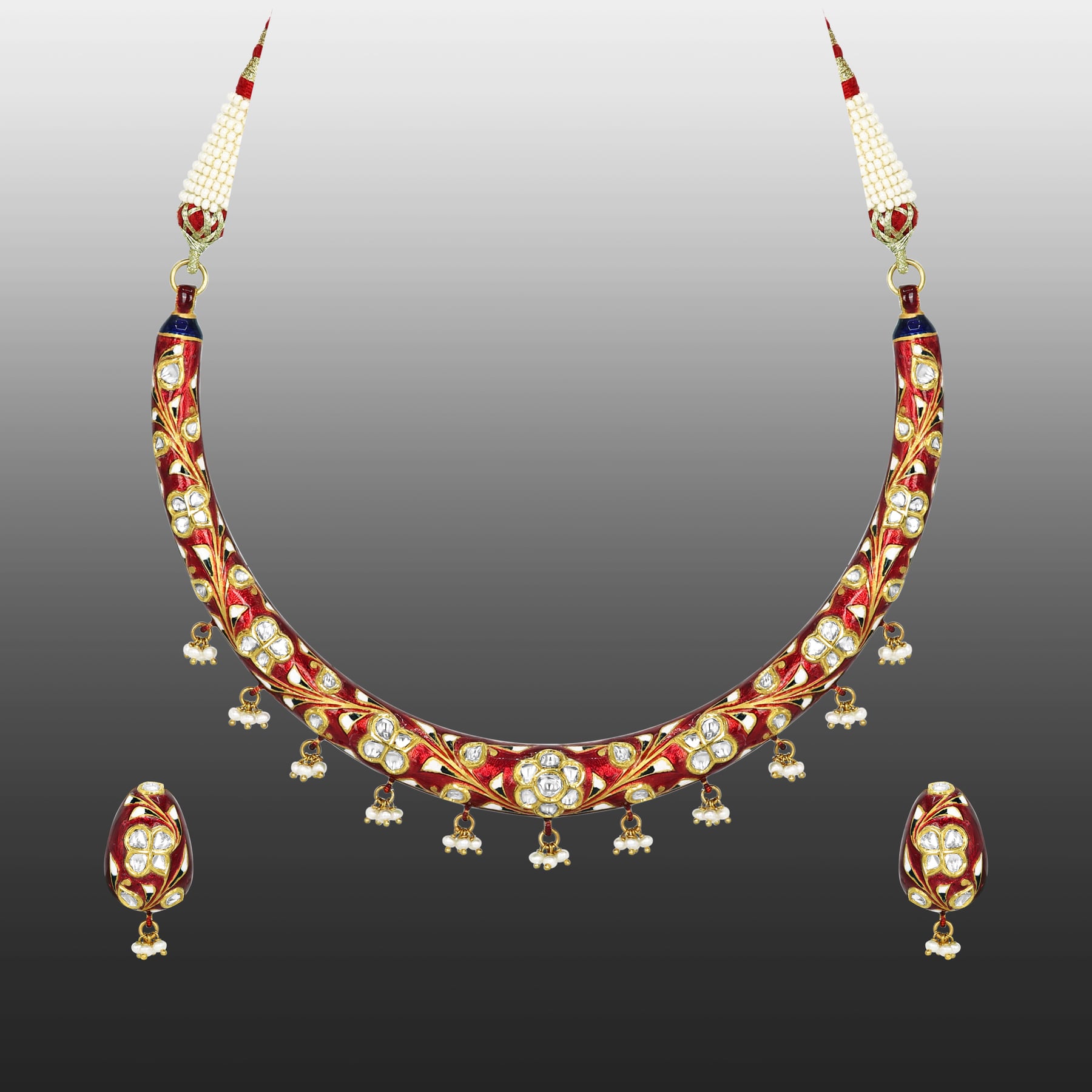 Polki Hasli Necklace Set with Red Enamel and Pearl Beads